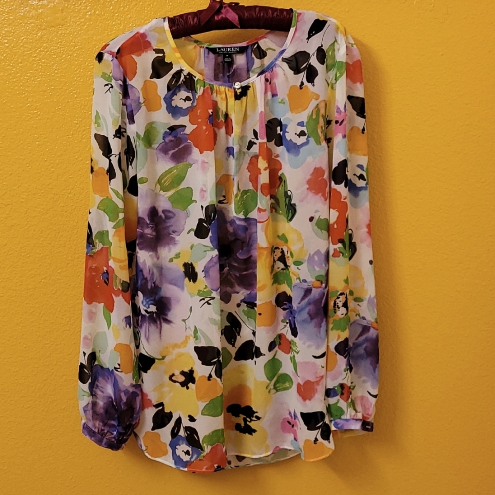 Lauren, Ralph Lauren, sheer watercolor floral print blouse
